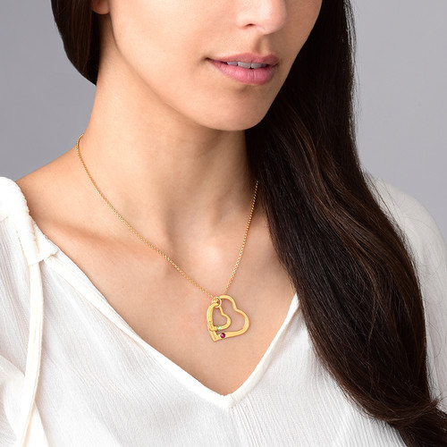 Floating Heart in Heart Necklace with Birthstones - Gold Plated