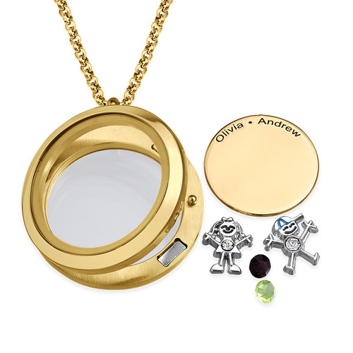 Floating Locket for Mom with Children Charms - Gold Plated