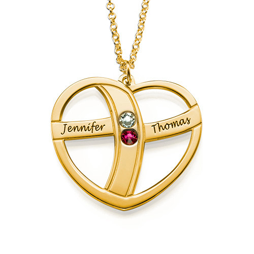 Gift for Mom - Engraved Gold Heart Necklace with Birthstones