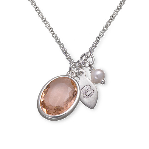 Glass Stone Pendant Necklace with Initial Leaf Charm