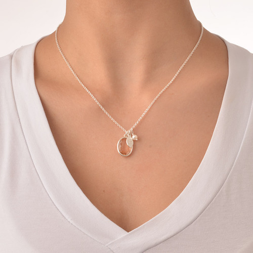 Glass Stone Pendant Necklace with Initial Leaf Charm