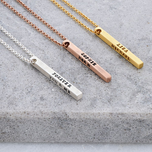 Gold Plated 4 Sides Stamped Bar Necklace