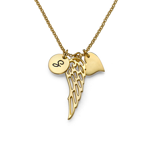 Gold Plated Angel Wing Necklace with Initial Pendant