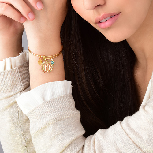 Gold Plated Cut Out Monogram Bangle with Charms