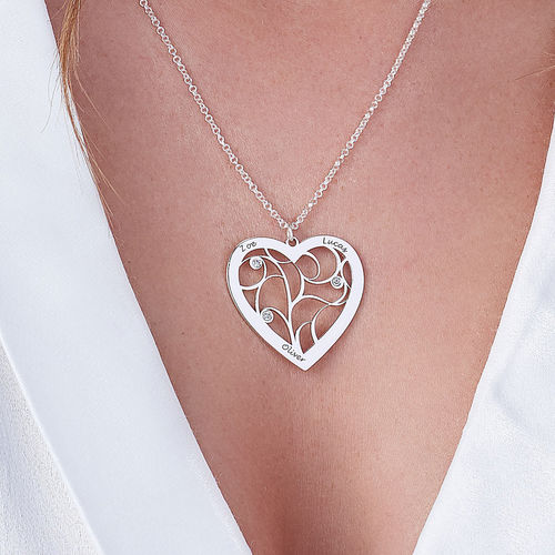 Heart Family Tree Necklace with Diamonds in Sterling Silver