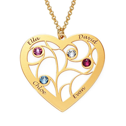 Heart Family Tree Necklace with birthstones in Gold Plating