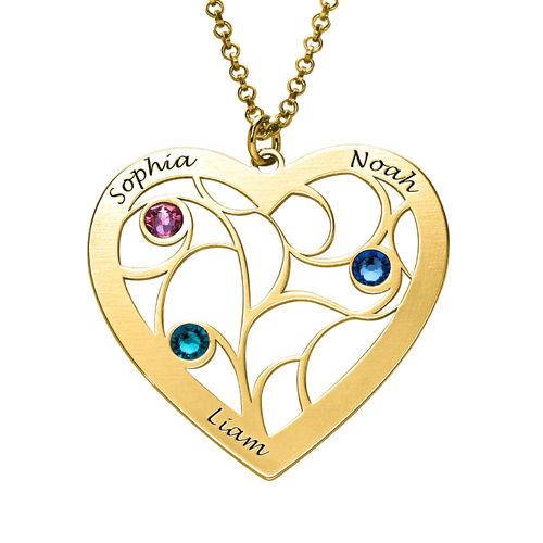 Heart Family Tree Necklace with birthstones in Gold Plating