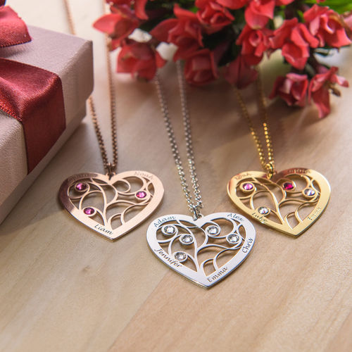 Heart Family Tree Necklace with birthstones in Gold Plating