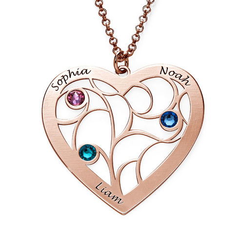 Heart Family Tree Necklace with birthstones in Rose Gold Plating