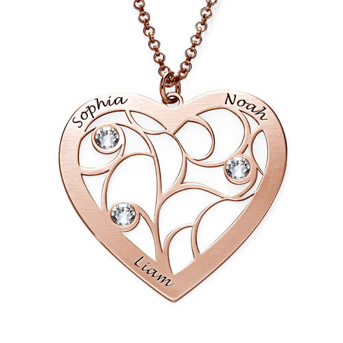 Heart Family Tree Necklace with birthstones in Rose Gold Plating