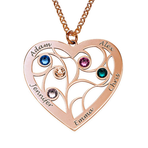 Heart Family Tree Necklace with birthstones in Rose Gold Plating