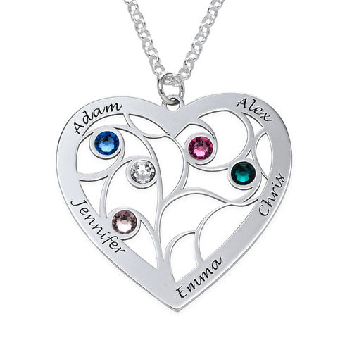 Heart Family Tree Necklace with Birthstones in Sterling Silver