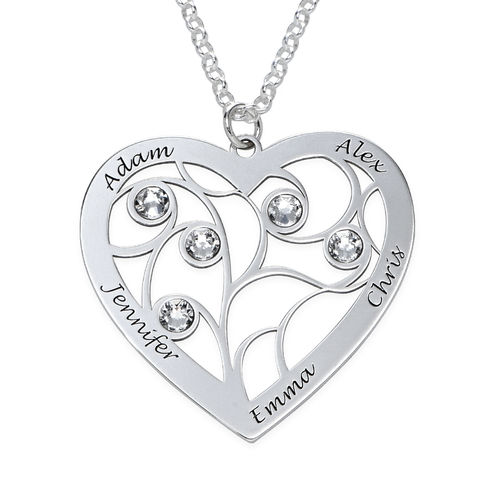 Heart Family Tree Necklace with Birthstones in Sterling Silver