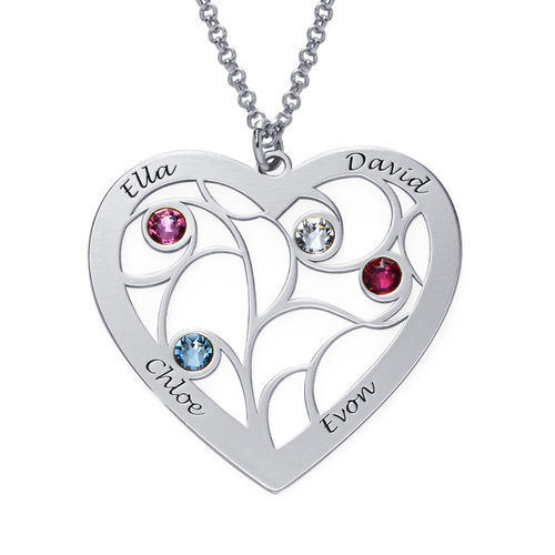 Heart Family Tree Necklace with Birthstones in Sterling Silver