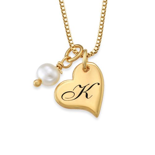 Heart Initial Necklace with Pearl  in Gold Plating