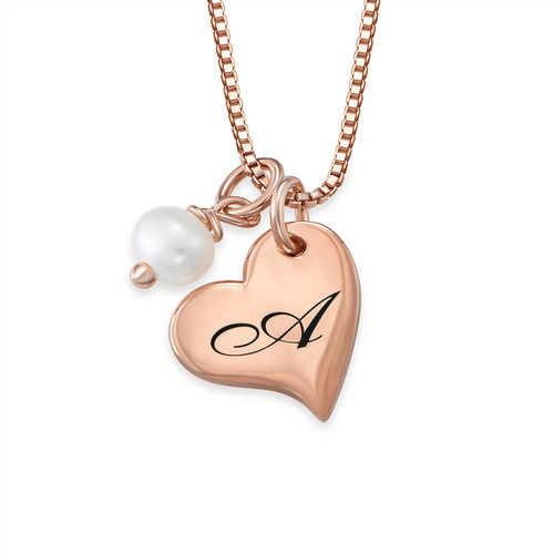 Heart Initial Necklace with Pearl  in Rose Gold Plating