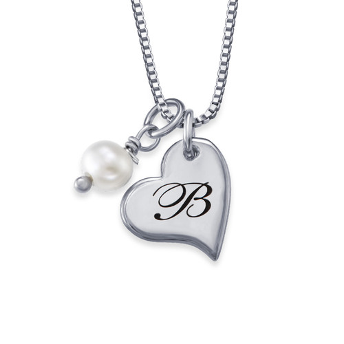 Heart Initial Necklace with Pearl  in Silver