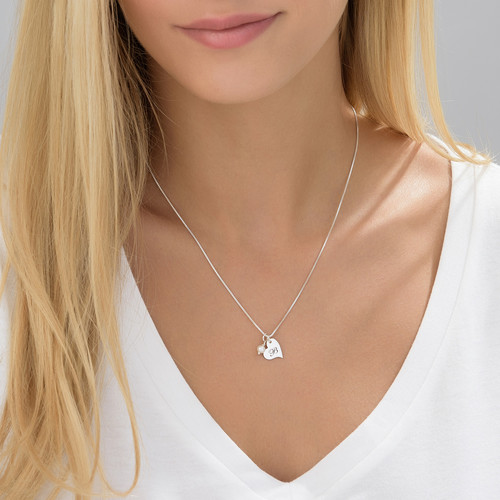 Heart Initial Necklace with Pearl  in Silver