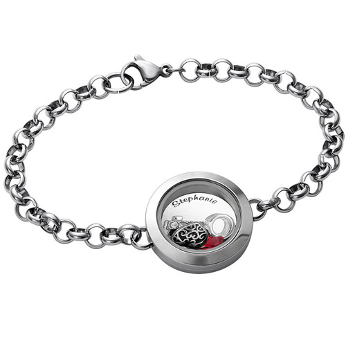 Heart & Key Floating Locket Stainless Steel Bracelet