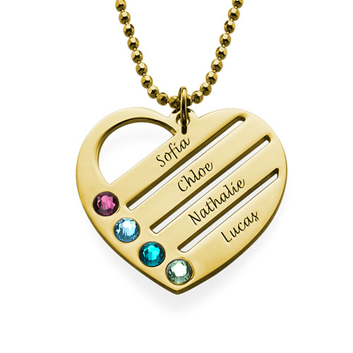 Birthstone Heart Necklace with Engraved Names - Gold Plated