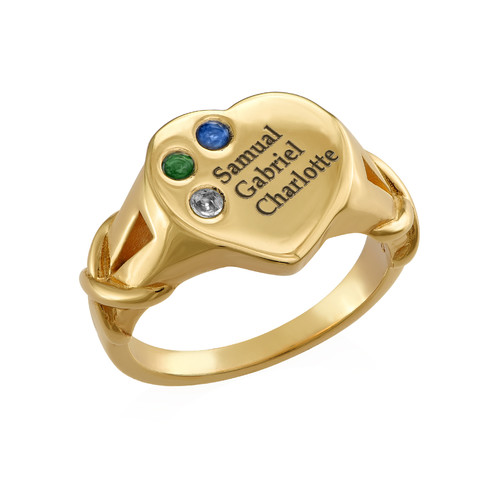 Heart Shaped Signet Mothers Ring with Birthstones - Gold Plated