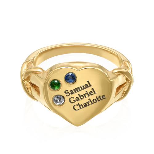 Heart Shaped Signet Mothers Ring with Birthstones - Gold Plated