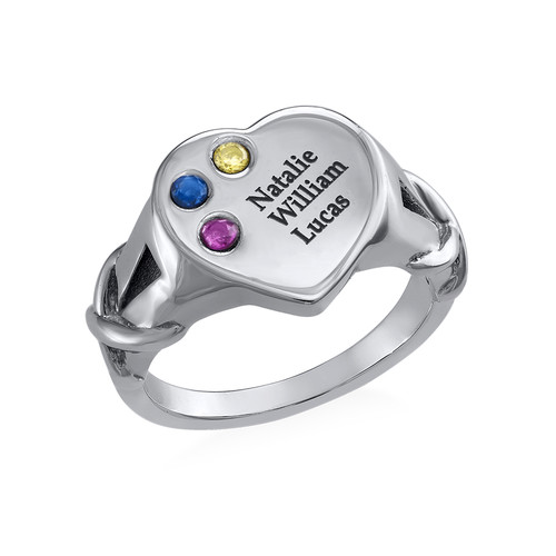 Heart Shaped Signet Mothers Ring with Birthstones - Silver