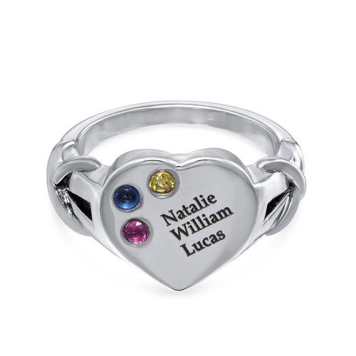 Heart Shaped Signet Mothers Ring with Birthstones - Silver