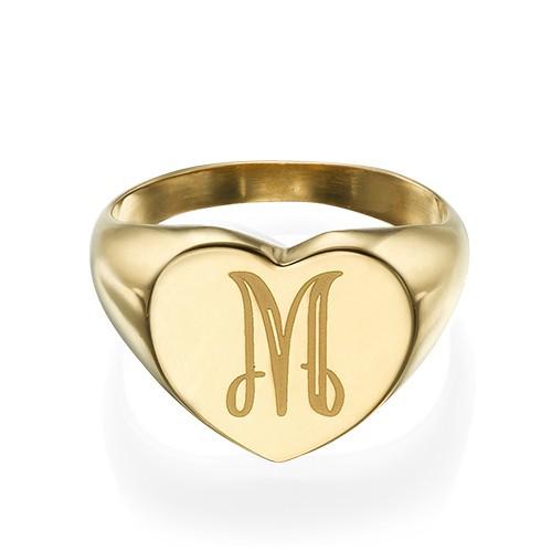 Heart Shaped Signet Ring with Initial - Gold Plated