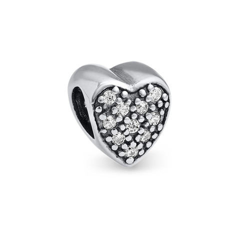 Heart Shaped Silver Bead with Cubic Zirconia