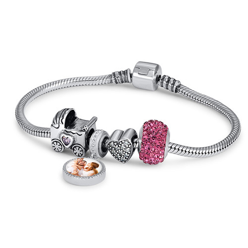 Heart Shaped Silver Bead with Cubic Zirconia