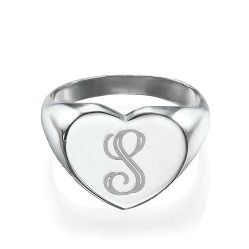 Heart Shaped Silver Signet Ring with Initial