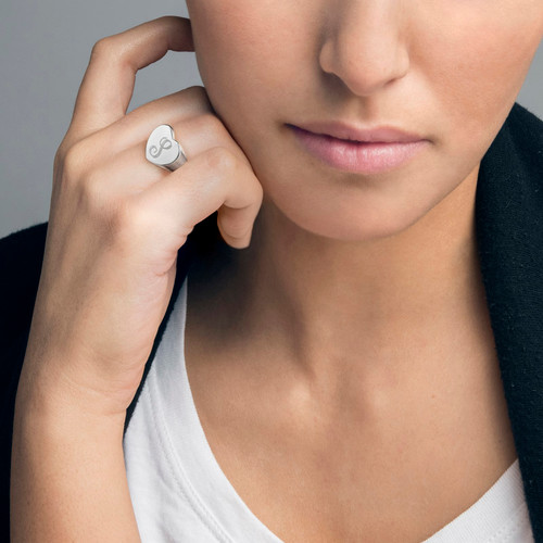 Heart Shaped Silver Signet Ring with Initial