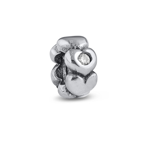 Hearts Silver Bead with Cubic Zirconia