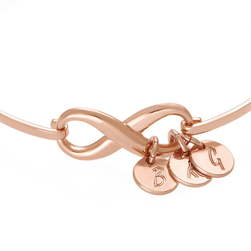 Infinity Bangle Bracelet with Initial Charms in Rose Gold Plating