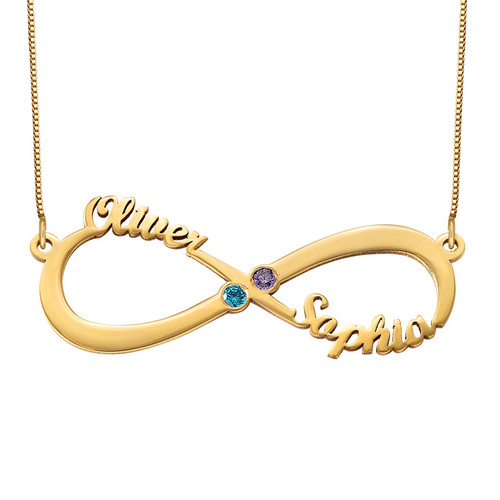 Infinity Name Necklace with Birthstones  - 14k Gold