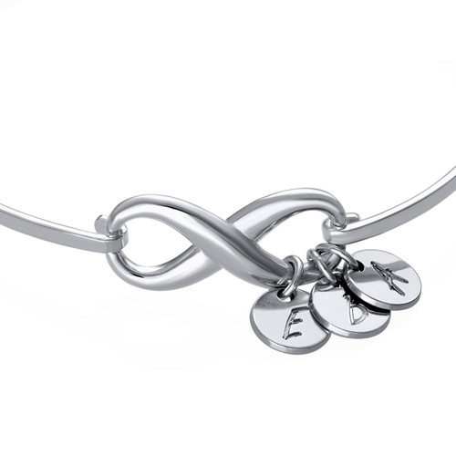 Infinity Bangle Bracelet with Initial Charms in Silver