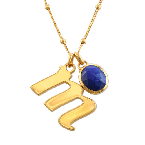 Initial Necklace in Gold Plating with Semi-Precious Gemstone