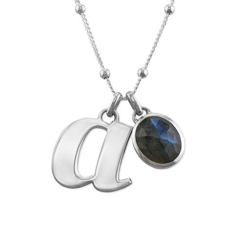 Initial Necklace in Silver with Semi-Precious Gemstone