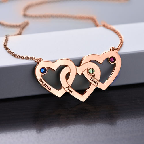 Intertwined Hearts Necklace with Birthstones - Rose Gold Plated