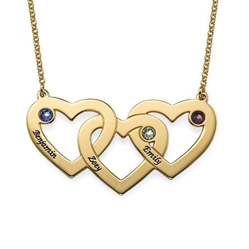 Intertwined Hearts Necklace with Birthstones in Gold Plating