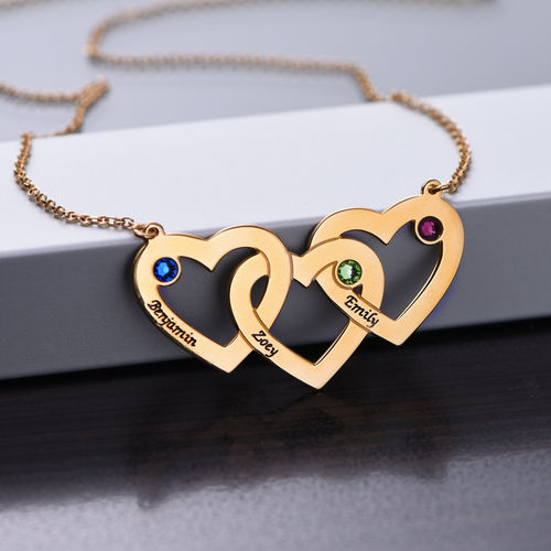 Intertwined Hearts Necklace with Birthstones in Gold Plating