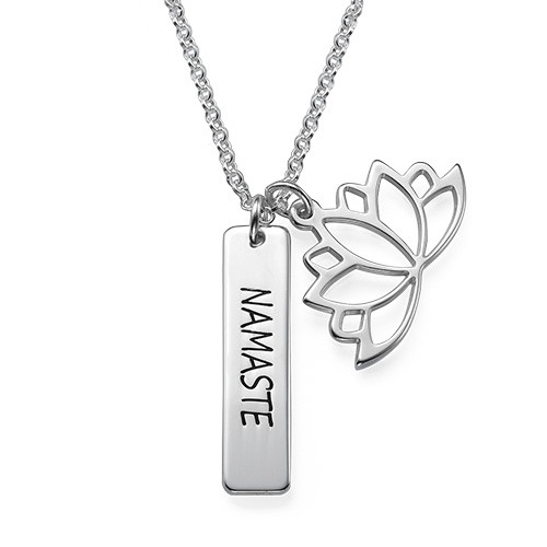 Lotus Flower Necklace with Personalized Bar in Silver