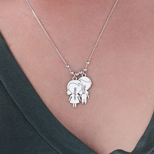 Mom Necklace with Children Charms in Sterling Silver