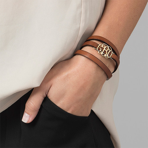 Monogram Leather Bracelet - 18k Gold Plated