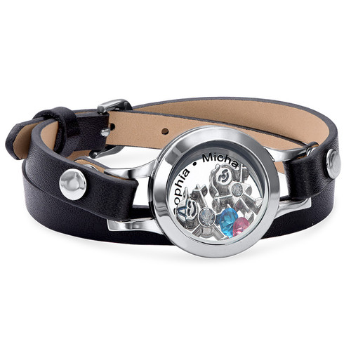 Mother Floating Locket Leather Bracelet with Children Charms