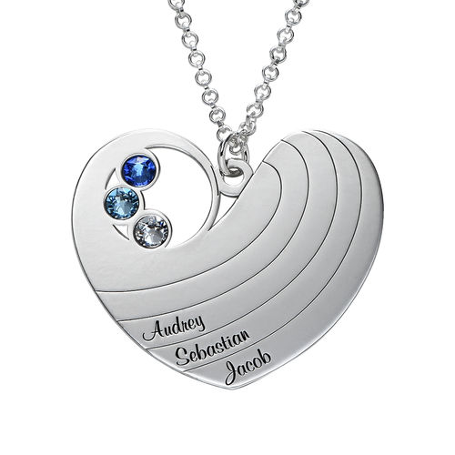 Mother Heart Necklace with Birthstones in Sterling Silver