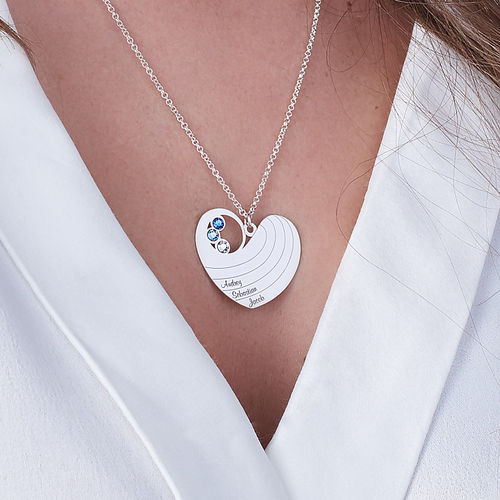 Mother Heart Necklace with Birthstones in Sterling Silver