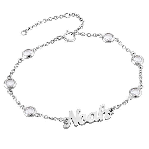 Name Bracelet with Clear Crystal Stone in Silver