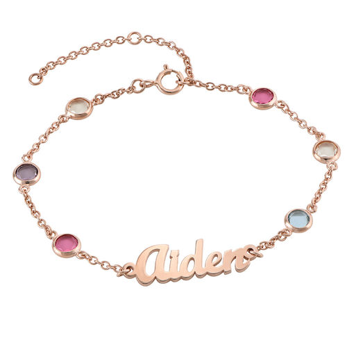 Name Bracelet with Multi Colored Stones in Rose Gold Plating